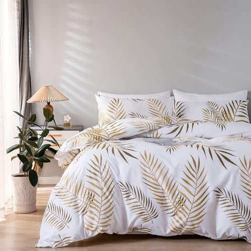 MUUWUU Set Housse de Couette 240x260 cm Motif Feuilles Tropicales Dorées Botanique 2 Personnes et 2 x Taies d'oreiller 65x65 cm 100% Microfibre Parure de Linge de Lit avec Fermeture Éclair