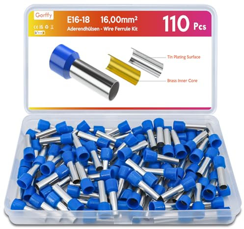 Gorffy 110 Stück Aderendhülsen Set 16mm² x 18mm, Blau Isoliert für Drahtverbindung