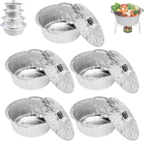 DJFOG Pentole usa e getta in alluminio con coperchi, 10 pezzi, tonde in alluminio, per cucinare, contenitori usa e getta per alimenti per cucinare (5 pezzi, 79 x 179 ml)