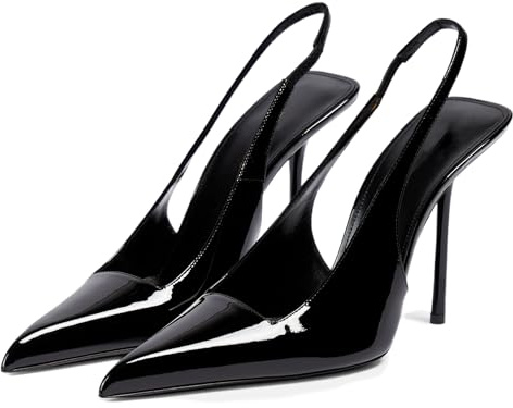 BIUBAKUA Slingback Heels for Women Pointed Toe Stiletto High Heels Stretch Slip on Backless Patent Leather Fashion Comfortable Dress Pumps Shoes Black