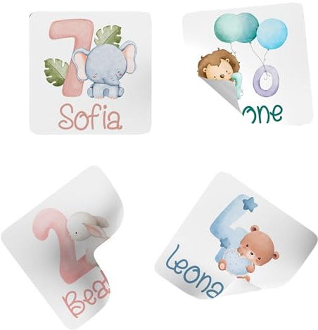 Adesivi Personalizzati Compleanno Quadrati 4x4 cm, 20 Pezzi | Stampa su Carta Adesiva, Nome e Numero Età, 1-12 Anni, Decorazioni Party Bambini