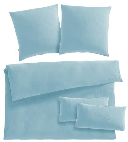 Pure Label Musselin Bettwäsche 200x220 5teilig bestehend aus einem Bettbezug 200x220 cm + Kissenbezug 80x80 2er Set + 40x80 Kissenbezug 2er Set aus Baumwolle - Kuschelige Bettwäsche in blau
