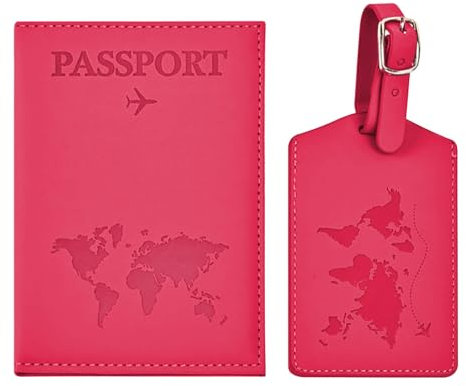 Greyoe Cover Passaporto, Portapassassaporto, Portapassaporto, Custodia per Passaporto in pelle PU + Etichetta per Bagagli Portapassaporto da Viaggio Uomo e Donna Essenziali da Viaggio (Rosa Rossa)