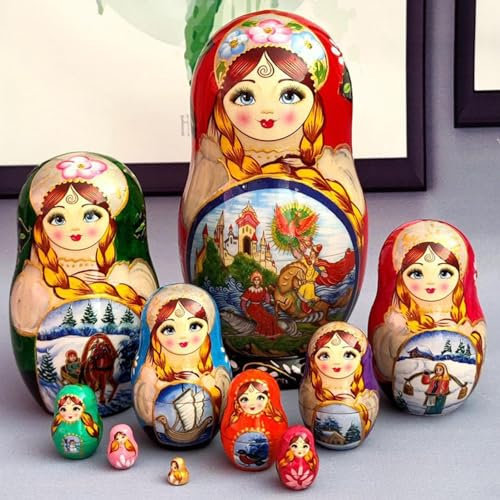 Ziennhu Matroschka-Puppen, 10 Stück stapelbare Puppen, handgefertigt, russisches Spielzeug, pädagogisches Spielzeug, dekorative russische Puppen, für Sammler