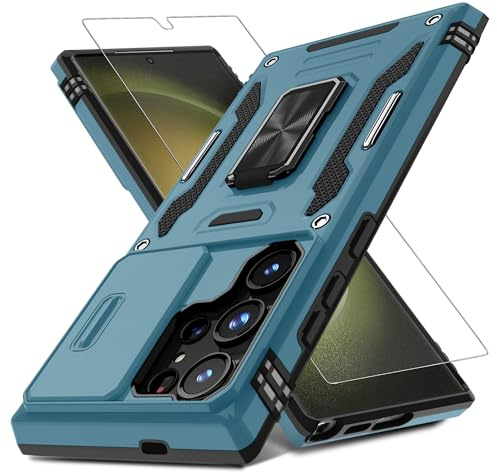 DEERLAMN Case for Samsung Galaxy S25 Ultra with Slide Camera Cover+Screen Protector (1 Pack), Rotated Ring Kickstand Military Grade Shockproof Protective Cover-Light Blue