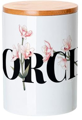 Fabulous Ceramic Jar with Bamboo Lid - Orchid Flowers Minimalist Chic Jardin Amour - 740 ml (25 oz) - Jar