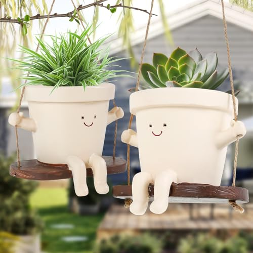 Jokapy Lot de 2 pots de fleurs suspendus avec visage, balançoire, trou de drainage, drôles, décoration suspendue, pour plantes succulentes, crème