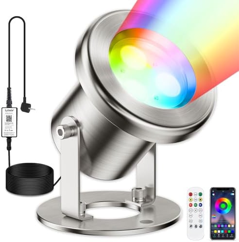 LyLmLe Luce LED para Estanque con Control APP, 6W RGB Foco LED Sumergible Iluminación Inoxidable con Transformador 12V, Lámpara para Estanque Impermeables IP68 para Fuente Piscina, Cable Negro