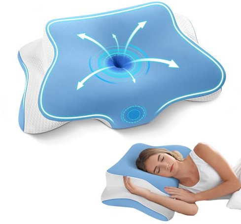 JINXIA Oreiller Memoire Forme, Oreiller Ergonomique Cervical pour Les Douleurs au Cou et aux épaules, Oreiller Orthopédique Ergonomique de Soutien du Cou pour Les Dormeurs sur Le côté, Bleu