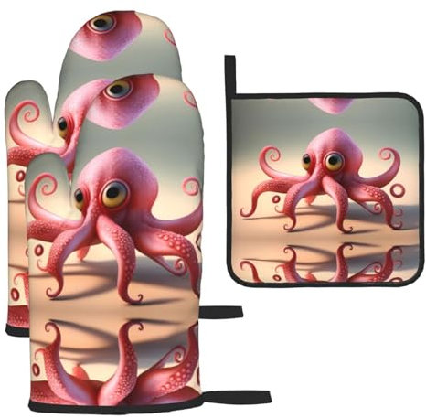 WZYWHJ Topflappen mit Erdbeer-Tintenfisch-Muster, 3er-Set – dicker, langlebiger und wasserdichter Stoff für Hitzeschutz