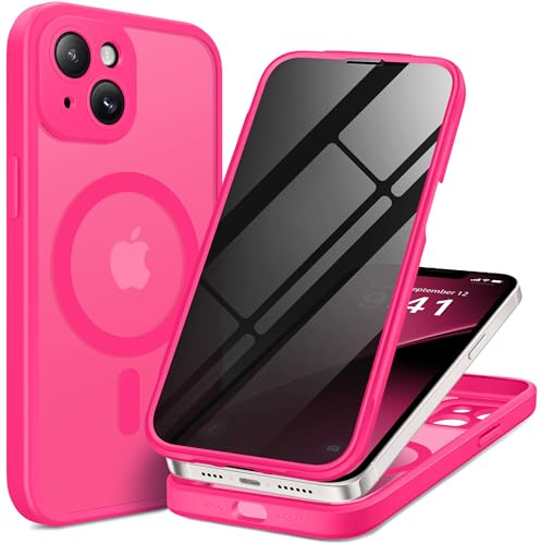 BERFY Magnetic for iPhone 14 Case, Compatible with MagSafe, Built-in Privacy Screen Protector and Upgraded Camera Protection, Anti-Spy Full Body Shockproof Phone Case for 14 6.1, Hot Pink