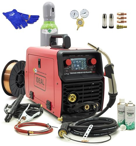 Saldatrice combinata a gas di protezione 230 V IDEAL Tecno MIG 210 PULSE LCD inverter MIG MAG TIG LIFT MMA 200 A Synergic Alu FLUX filo di riempimento completo con bombola del gas filo di saldatura