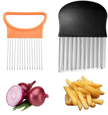 Stainless Steel Onion Slicer, 2Pcs Kitchen Gadgets Onion Holder for Slicing Ergonomic Handle Potato Chipper Chip Cutter Easy to Clean Runner Bean Slicer for Slicing Fruits, Vegetables, Meat, Etc