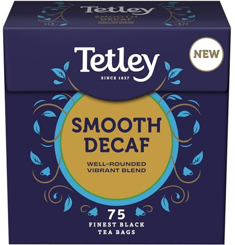 Tetley Smooth Decaf Tea, 75 Tea Bags | Decaffeinated, Black Tea, Britain's Tea, 185+ Years of Tea Heritage, Rainforest Alliance Certified, 75 Bag Box