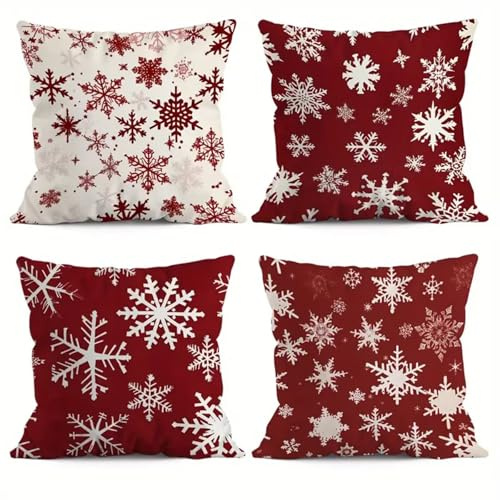 Jinmer Schneeflocken Kissenbezug 4er Set 35x35 cm Rot Weiß Dekoration Samt Kissenbezüge Moderne Mode Kissenhülle für Sofa Schlafzimmer Couch Outdoor Zierkissenbezug