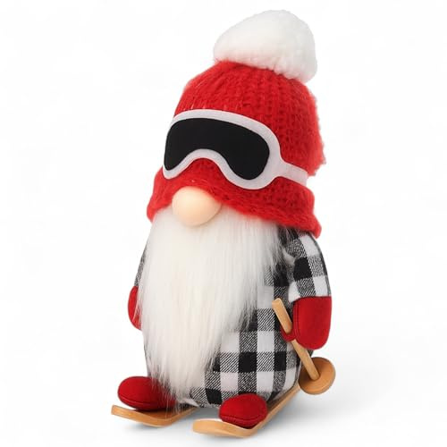 MIJOMA Wichtel Dekofigur 20cm – Skandinavischer Stoff-Wichtel mit Wintermütze auf Holzskiern – Plüschfigur zum Aufstellen – Winterdeko Weihnachten Skandi Hygge Stil (Winterrot lebendig)