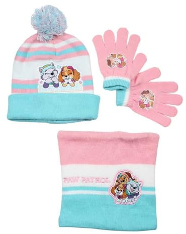 Paw Patrol Skye & Liberty Kinder Winter Set 3-teilig – Mütze 54 cm, Handschuhe & Snood – Warmes Mädchen Winter Outfit – Rosa/Türkis – Polyacryl