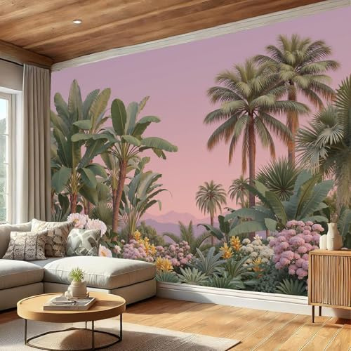 Carta da Parati Piante Retrò Della Foresta Pluviale 150x105cm Carta da Parete Banani, Palme E Fiori Decorativo Sfondo Rivestimento Parete per Camera da Letto, Soggiorno, Cucina, Rosa Intenso