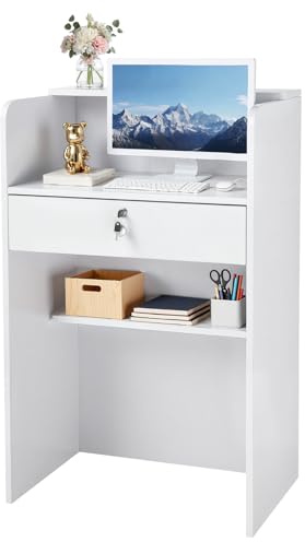VEVOR Mostrador de Recepción 60 x 40 x 96 cm, Mesa de Recepción Material de Tablero de Partículas con 1 Cajón, Mostrador de Recepcionista para Caja, Vestíbulo, Salón de Belleza, Oficina, Blanco