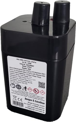 Berger & Schröter | Akku 4R25, 6,4V 6 Ah, LiFePo4 für Wild Futterautomat, 6V Blockbatterie Ersatz, Laternenakku, Campingakku, Baustellenleuchte, Baustellenlampe