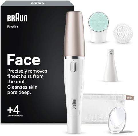 Braun Gesichtsepilierer Damen FaceSpa, Wasserdicht, SE851V, Weiß/Bronze | Damenbart Entferner, Gesichtsreinigungsbürste, Haarentfernung, Reinigungs Und Hautvitalisierungs System, Inkl. 4 Extras
