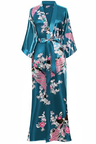 BABEYOND Women's Kimono Robe Long Satin Silky Robes with Peacock and Blossoms Printed Kimono Nightgown