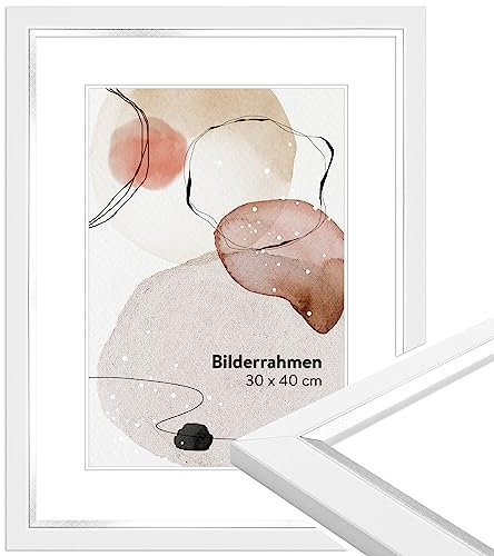 WANDStyle Bilderrahmen Weiß mit Silber-Kante 30x40 cm aus Holz im Modern-Stil zum Aufhängen, Fotorahmen Made in Germany - H490