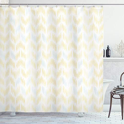 ABAKUHAUS Chevron Duschvorhang, Ikat Stil Tile, Stoffliches Gewebe Badezimmerdekorationsset mit Haken, 175 x 200 cm, Marigold Blassblau Weiß