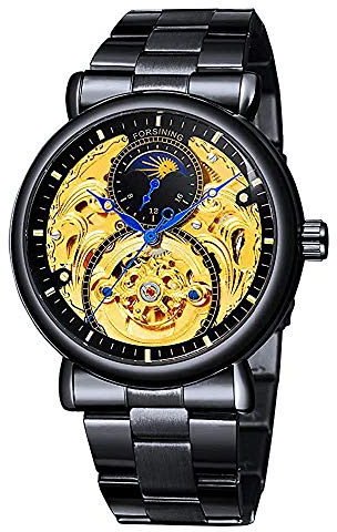 Carlien Herren-Automatikuhr, goldfarben, Tourbillon, Skelettuhr, Mondphase, wasserdicht, Edelstahl