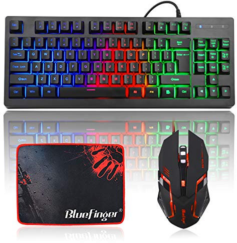 BlueFinger Combo de teclado RGB para juegos de 87 teclas y mouse retroiluminado, teclado arco iris con cable USB, juego de teclado para juegos de computadora portátil y trabajo