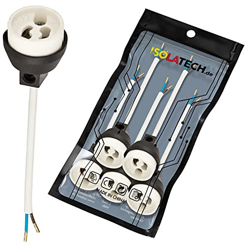 ISOLATECH GU10 Brandschutz Keramik Fassungen mit Kupfer Aderendhülsen gecrimpt VDE RoHS 230-250 Volt 2A max.100W 0,75mm 2 Kabel LED Halogen (hier: 5 Stück)