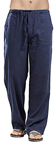 VANVENE Herren Leinenhose Casual Loose Fit Elastische Taille Kordelzug Gerades Bein Yoga Strandhose Gr.