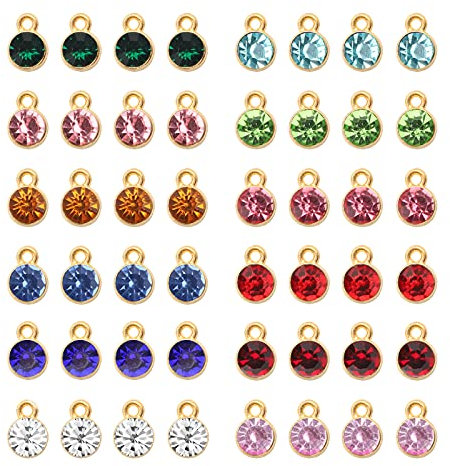 Gukasxi 96 Stück Kristall Geburtsstein Anhänger Runde Geburtsstein Charms Schmuck Hängen Strass Perlen für Armbänder Halsketten Ohrring Schmuckherstellung DIY Handwerk (12 Farben) (Gold)