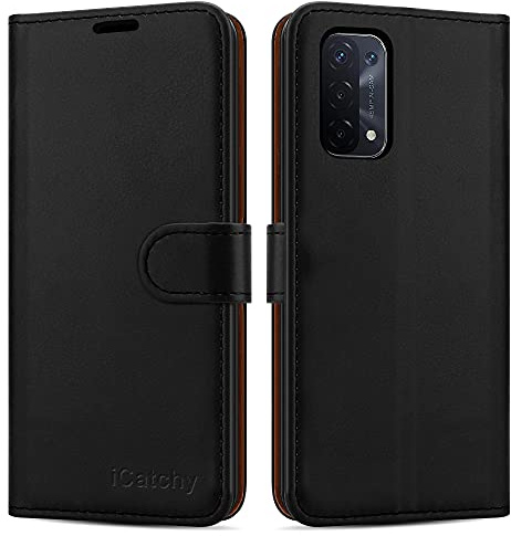 iCatchy Schutzhülle für Oppo A54 5G / Oppo A74 5G, Leder, Brieftaschenformat, Standfunktion, Magnetverschluss, kompatibel mit Oppo A54 5G Case/Oppo A74 5G (schwarz)