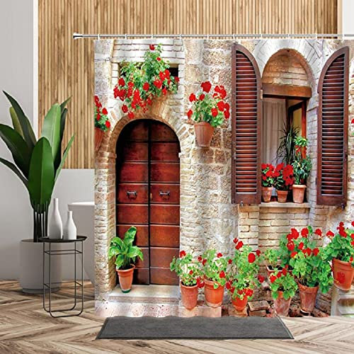 YUAOEUR 3D Image Shower Curtain Vintage Home Garden Flowers Scenery Closed Door and Opened Windows with Flower Basket on Stone Wall Bathroom Decor Fabric with Hook 71X 71 inch Green Red Floral