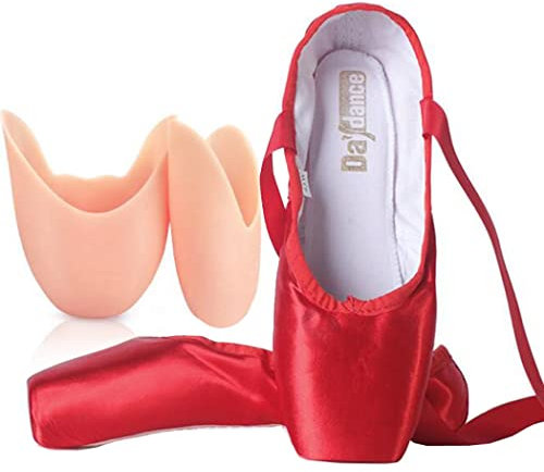 ZESLIV Ballettschuhe mit Silikon Zehenpads für Mädchen Kinder Damen Rot Satin Spitzenschuhe Tanzschuhe Ballettschläppchen Gr.31-43