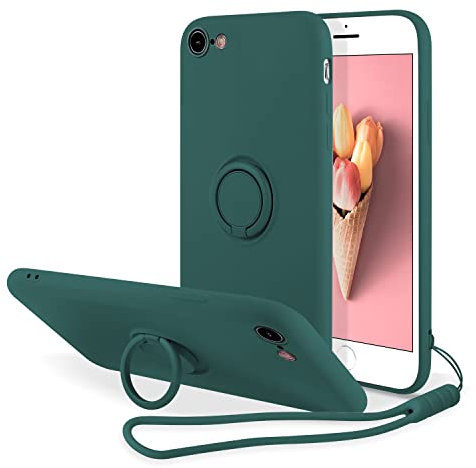 UEEBAI Case for iPhone 7/8/SE 2022 5G/SE 2020, Ultra Slim TPU Shockproof Silicone Case Ring Holder Kickstand Magnetic Car Mount Cover Wrist Strap for iPhone SE3/SE2 - Dark Green