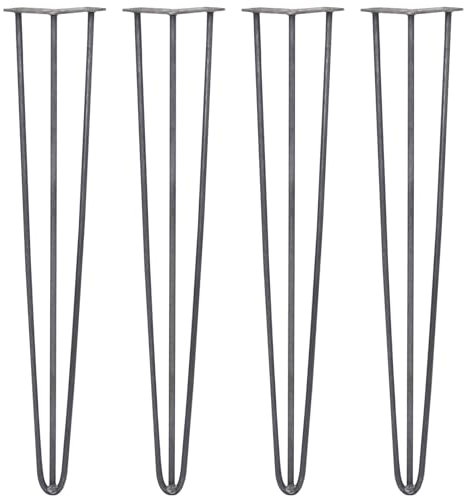 Monster Shop 4 x Hairpin Legs/Hair Pin Legs Set SkiSki Legs Furniture Desk Bench Chair Table 28 3 Prong 10mm Raw Steel & Protector Feet…