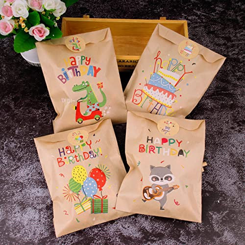 100 Pcs Papiertüten Geburtstag 13 x 18cm Geschenktüten Minitüten Kraftpapier Partytüte Tiere Happy Birthday mit 120 Pcs Stickers Aufkleber für Geburtstag Party Mitgebsel