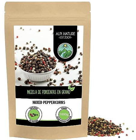 Alpi Nature Poivre Baies en Grain Mélange 1kg, Grains de Poivre Entiers Noir, Blanc, Rose et Vert