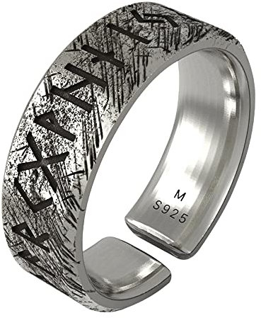 ForFox Schwarzer 925 Sterling Silber Elder Futhark Runen Ring Nordischer Wikinger Schmuck für Herren Damen Offen Verstellbar Größe M