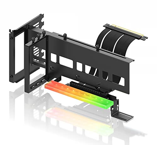 EZDIY-FAB Vertical PCIe 4.0 GPU Mount Bracket Graphic Card Holder with 5V 3 Pin ARGB LED Module, Video Card VGA Support Kit with PCIe 4.0 X16 Gen4 17cm/6.69in Riser Cable 90 Degree Right Angle- Black