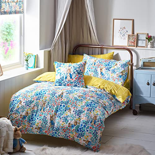 furn. Peter Rabbit™ Florelli Duvet Cover Set – Reversible 100% Cotton Striped Floral Motif Bedding (Multicolour – Double – 200x200cm)