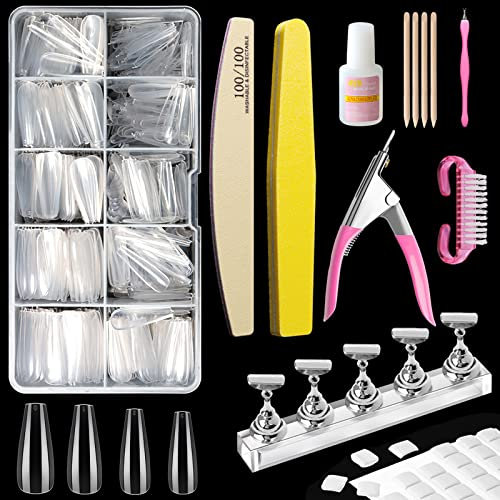 Kalolary Clear Coffin Nail Tips Kit, Long Full Cover Acrylic Coffin False Nails Tips with Nail Glue, 500Pcs Clear Fake Nail Ballerina Press On Nails for Nail Practice Nail Art DIY