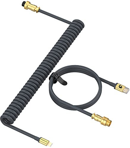 LexonElec Custom Coiled Keyboard Cable for Gaming Keyboard, Double-Sleeved Mechanical Keyboard Cable with Gold Detachable Metal Aviator, 2.0M(0.66ft) USB-C to USB-A TPU Keyboard Wire(Grey Gold)