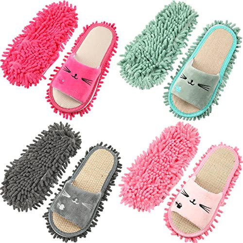 Wesiti 4 Pairs Washable Mop Slippers Microfiber Mop Slippers Funny Mop Shoes Floor Cleaning Slippers for Women Home Floor (Brown, Blue, Purple, Beige,Simple)