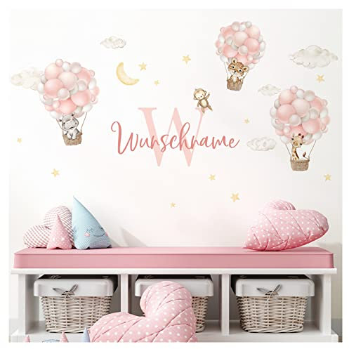 Little Deco Wandtattoo Dschungeltiere im Ballon & Wunschname Kinderzimmer Babyzimmer Giraffe Wandaufkleber Mädchenzimmer Wandsticker Nilpferd Aufkleber DL966-1