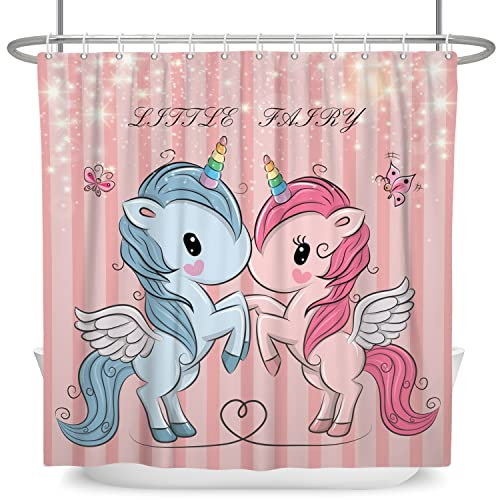 SDOTPMT 165x180cm Mignon Caricature Licorne Rideau de Douche Fantaisie Rose Bleu Anime Animal Rideau de Bain Charmant Licorne Étincelant Rideau de Baignoire pour Salle Bains avec Crochets