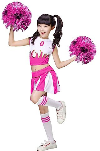 LOLANTA Mädchen Cheerleader Kostüm Schulkind Cheer Kostüm Outfit Karneval Kostüm(rosa,134-140,Etikettengröße 140)