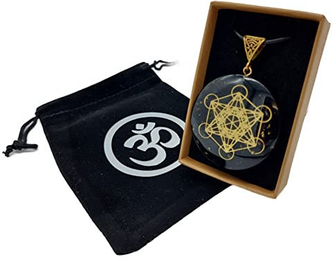 Orgonit Schwarzer Turmalin Edelstein Chakra Amulett rund mit Metatrons Würfel in Schmuckbox | Energie Schutz Glück Harmonie